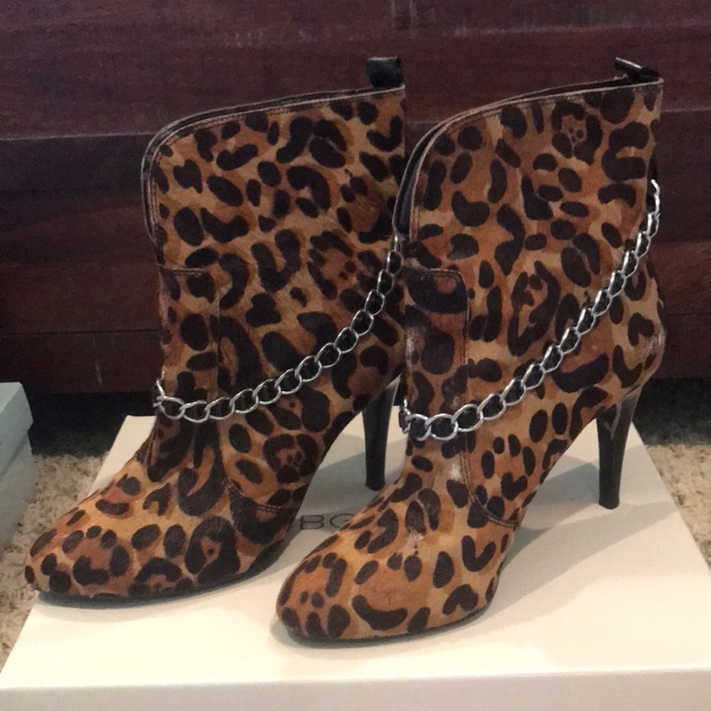 BCBG faux fur leopard print high heel booties